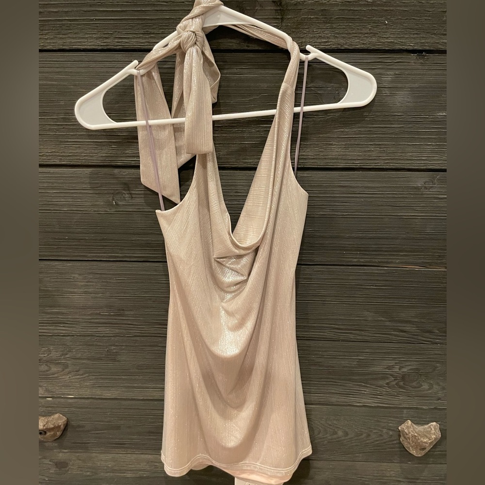 Silver sparkly cocktail dress with a droopy neckline and a open back